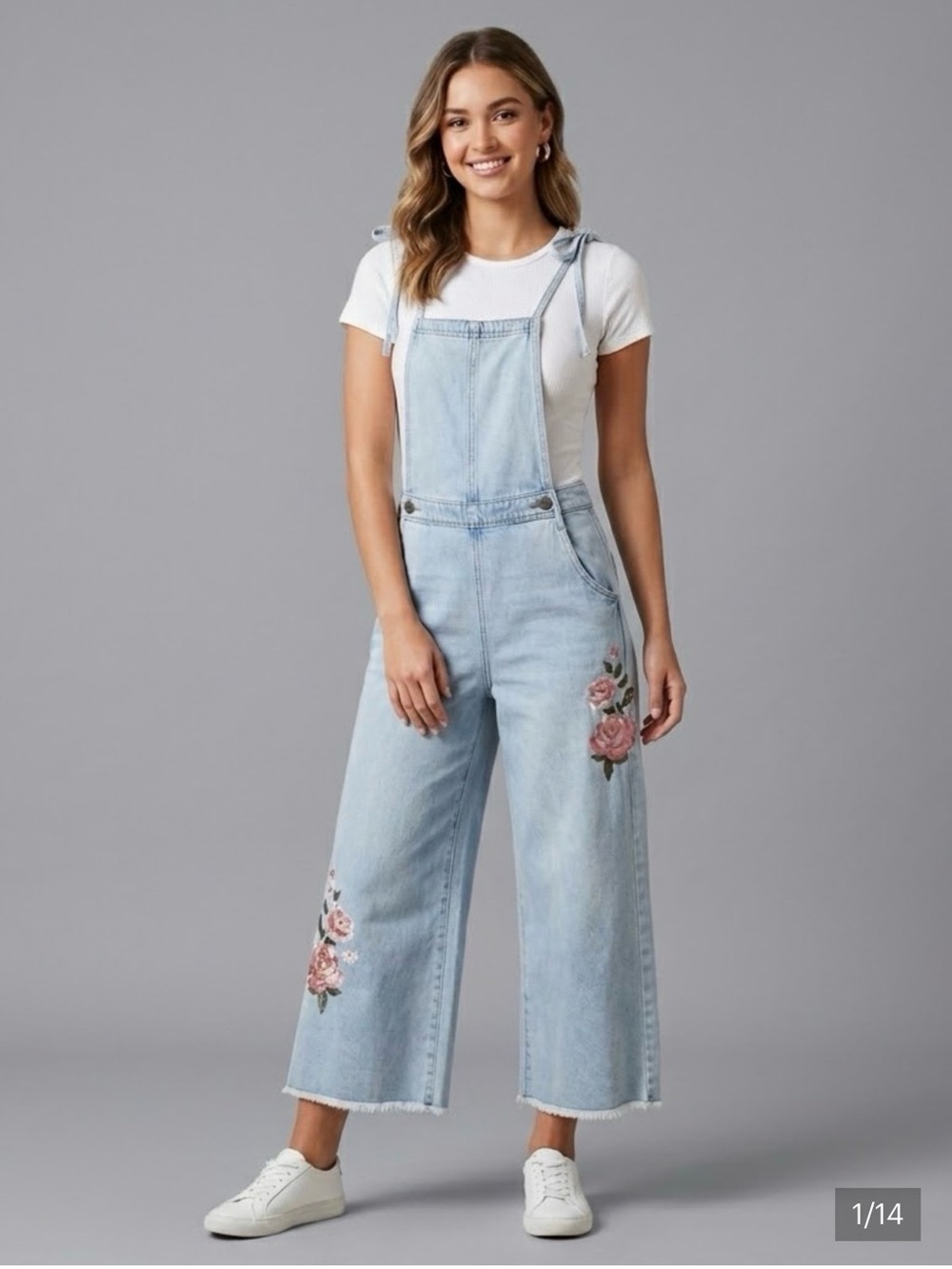 DRIFTWOOD Free People Light Blue Floral Embroidered Wide-Leg Denim Overalls